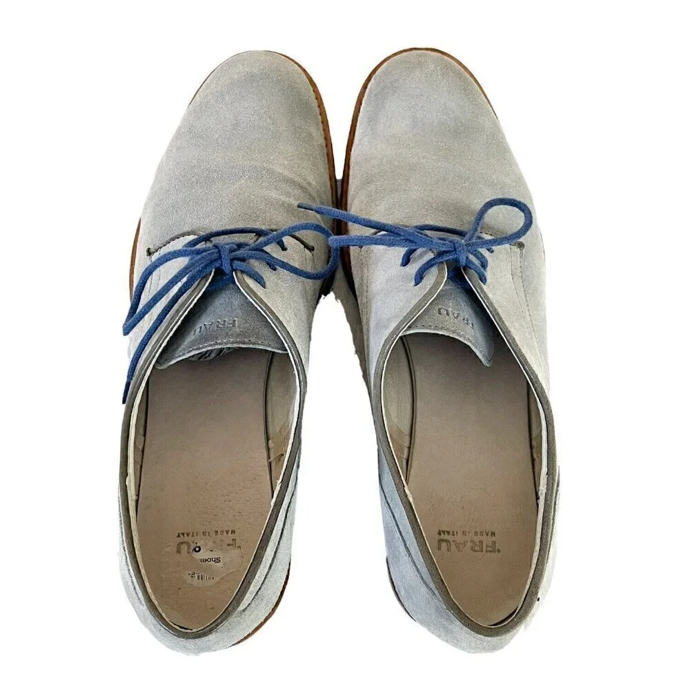 Frau Men’s 39 US Sz 6  Gray Suede Derby Lace Up Shoes Blue Eco Soles and Laces